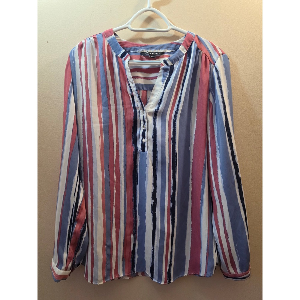 Zac & Rachel‎ Blue Pink Striped V-Neck Roll Tab Sleeve Blouse Large